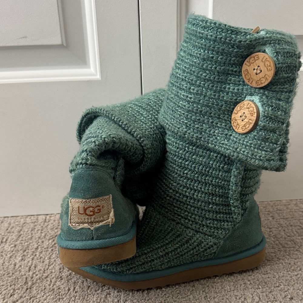 UGG Y2K Teal Knit Boots with Wood Button Accents